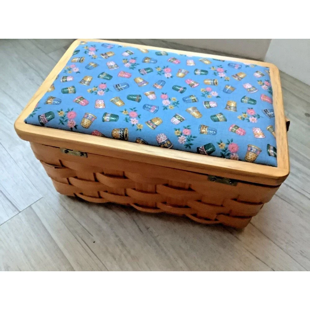 Vintage Wicker Sewing Basket Storage Box Blue Padded Lid Handle Cottagecore